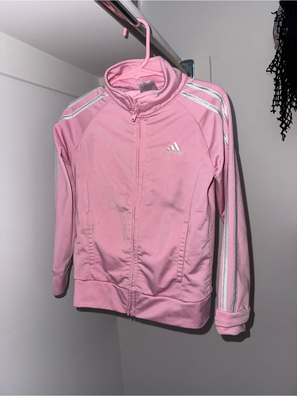 adidas Pink Full-Zip Bomber Track Jacket with White Stripes